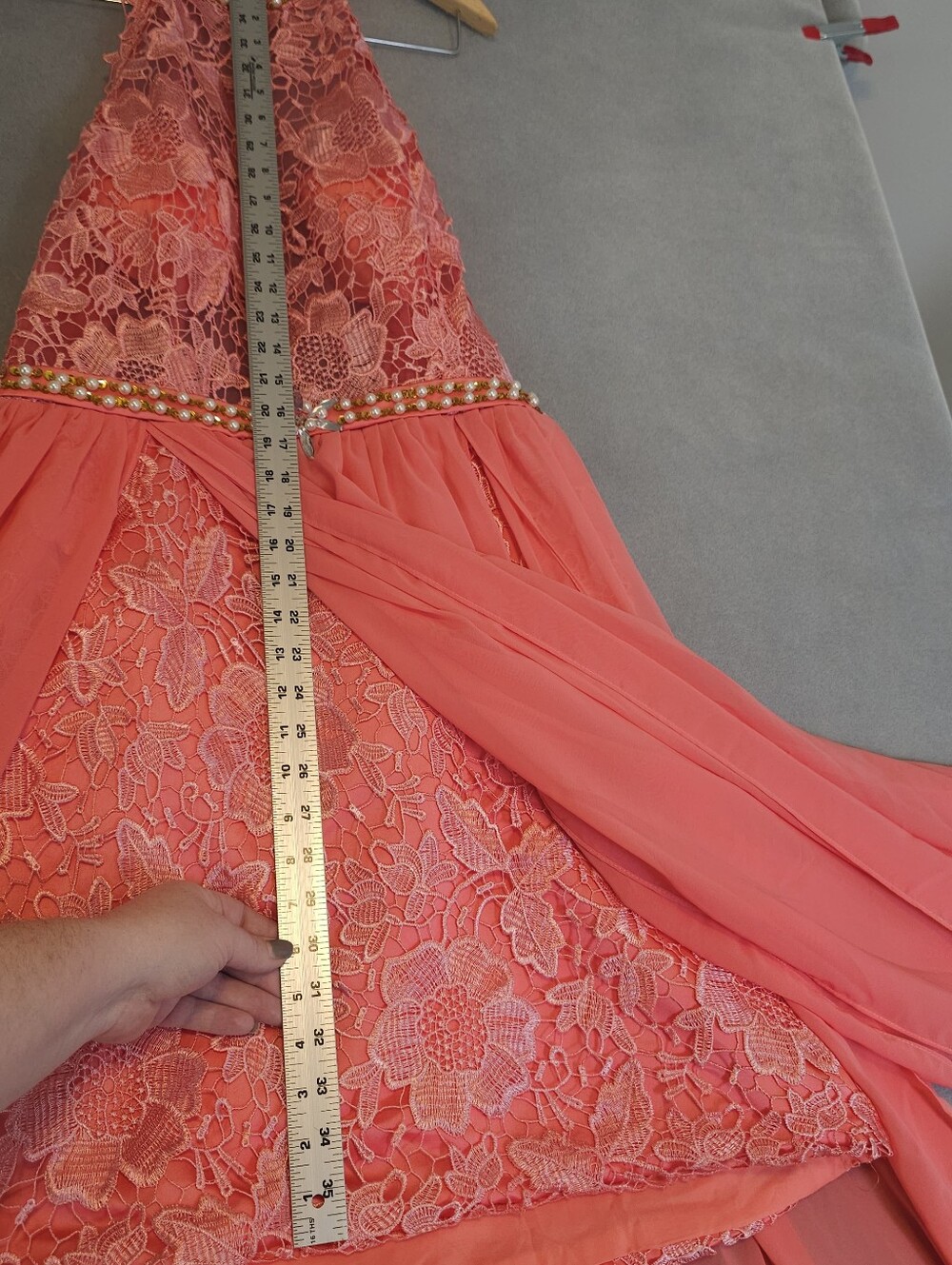 Coral Lace Mini Prom Dress Size 16 Chiffon Overskirt Train NWOT - Picture 7 of 13